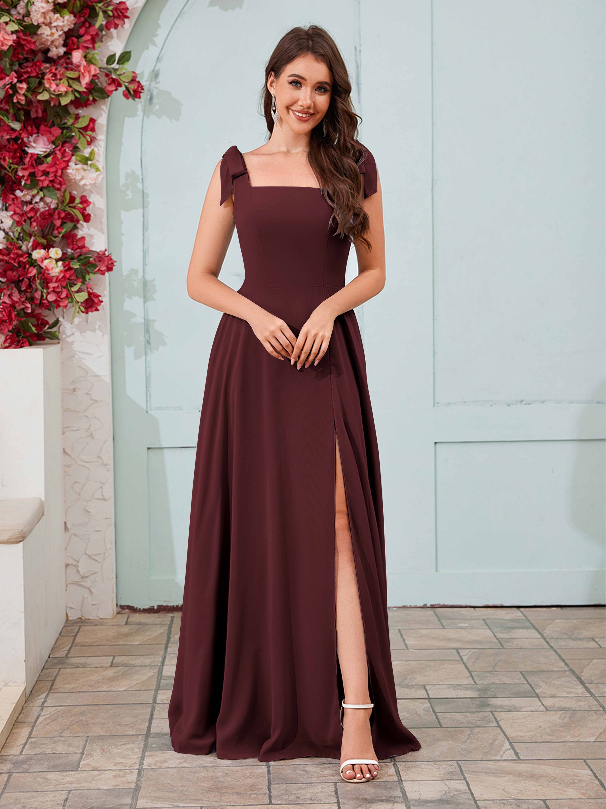 Regal Square Neck Slit A-Line Chiffon Bridesmaid Dresses mollyevers.com Regal Square Neck Slit A-Line Chiffon Bridesmaid Dresses mollyevers.com