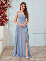 Regal Square Neck Slit A-Line Chiffon Bridesmaid Dresses