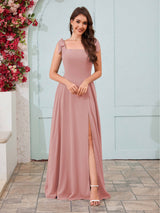 Regal Square Neck Slit A-Line Chiffon Bridesmaid Dresses