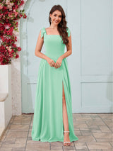 Regal Square Neck Slit A-Line Chiffon Bridesmaid Dresses
