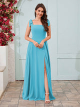 Regal Square Neck Slit A-Line Chiffon Bridesmaid Dresses