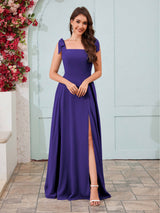 Regal Square Neck Slit A-Line Chiffon Bridesmaid Dresses