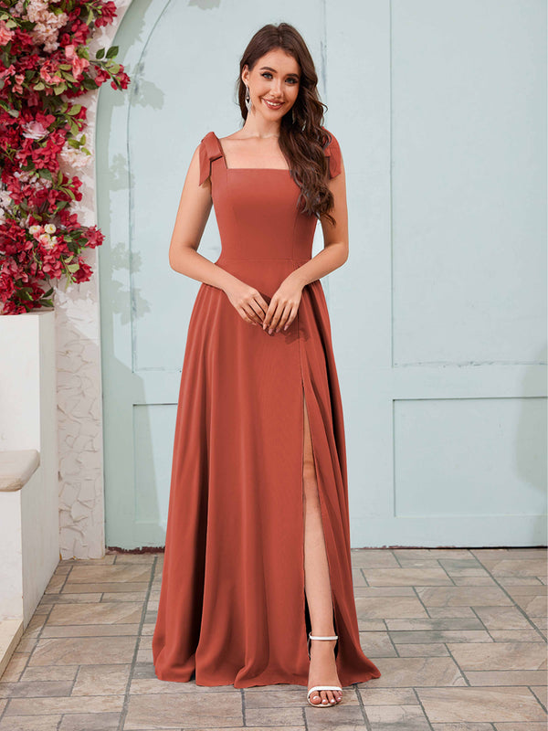 Rust Regal Square Neck Slit A-Line Chiffon Bridesmaid Dresses