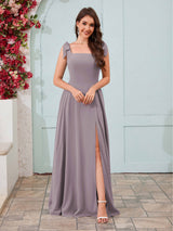 Regal Square Neck Slit A-Line Chiffon Bridesmaid Dresses