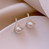 Romantic Pearl Stud Earrings Elegant Gold Crystal Design for Women