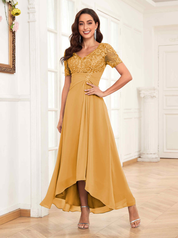 Mustard Romantic Ruched Lace Appliques Chiffon Mother Of The Bride Dresses