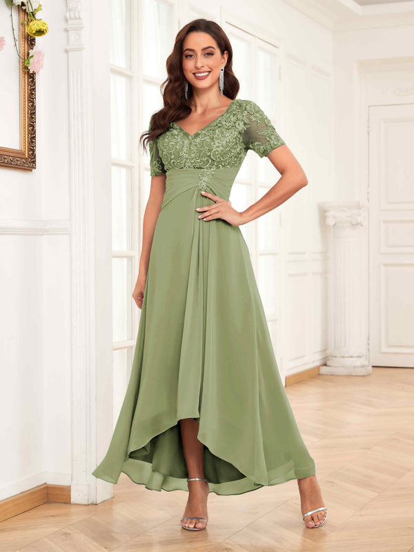Olive Green Romantic Ruched Lace Appliques Chiffon Mother Of The Bride Dresses