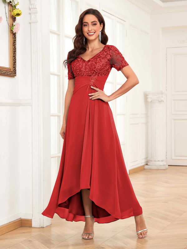 Red Romantic Ruched Lace Appliques Chiffon Mother Of The Bride Dresses