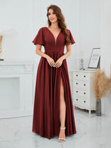 Romantic V-Neck Short Sleeves Slit Chiffon Bridesmaid Dresses