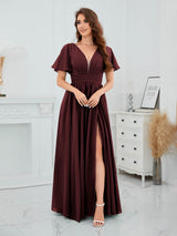 Romantic V-Neck Short Sleeves Slit Chiffon Bridesmaid Dresses