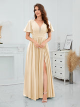Romantic V-Neck Short Sleeves Slit Chiffon Bridesmaid Dresses