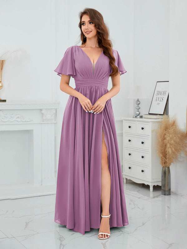 Dusty Purple Romantic V-Neck Short Sleeves Slit Chiffon Bridesmaid Dresses