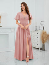 Romantic V-Neck Short Sleeves Slit Chiffon Bridesmaid Dresses