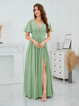 Romantic V-Neck Short Sleeves Slit Chiffon Bridesmaid Dresses