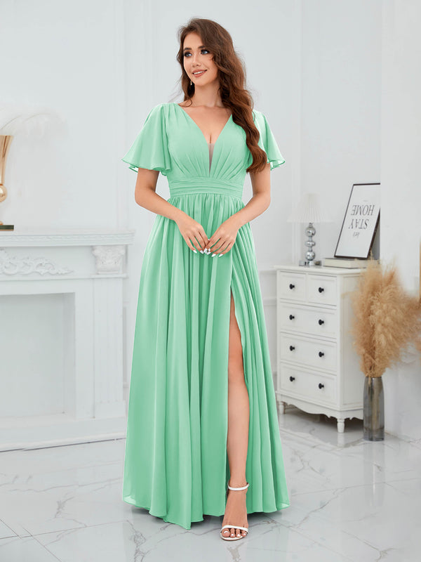 Mint Green Romantic V-Neck Short Sleeves Slit Chiffon Bridesmaid Dresses