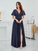 Romantic V-Neck Short Sleeves Slit Chiffon Bridesmaid Dresses
