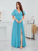 Romantic V-Neck Short Sleeves Slit Chiffon Bridesmaid Dresses