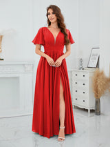 Romantic V-Neck Short Sleeves Slit Chiffon Bridesmaid Dresses