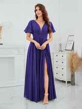 Romantic V-Neck Short Sleeves Slit Chiffon Bridesmaid Dresses