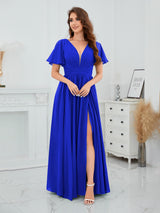 Romantic V-Neck Short Sleeves Slit Chiffon Bridesmaid Dresses