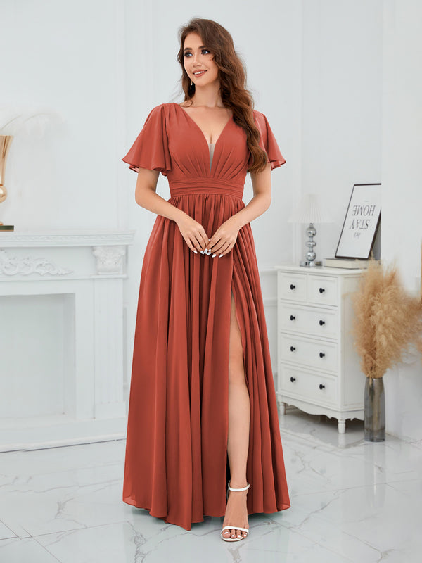 Rust Romantic V-Neck Short Sleeves Slit Chiffon Bridesmaid Dresses