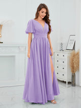 Romantic V-Neck Short Sleeves Slit Chiffon Bridesmaid Dresses