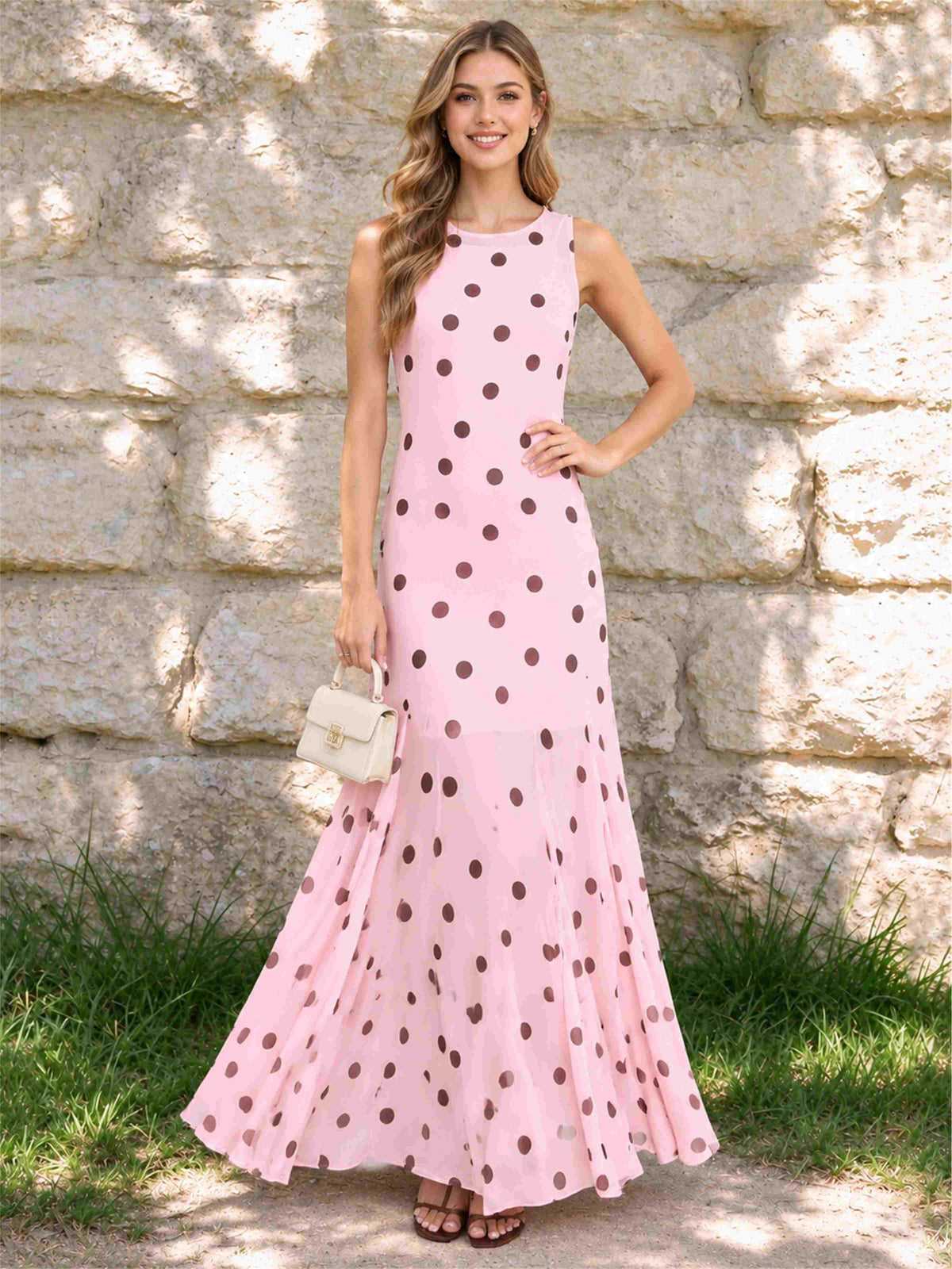 Pink Round Neck A-Line Ankle-Length Wedding Guest Dress with Polka Dots