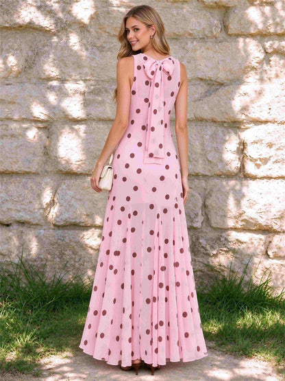 Pink Round Neck A-Line Ankle-Length Wedding Guest Dress with Polka Dots