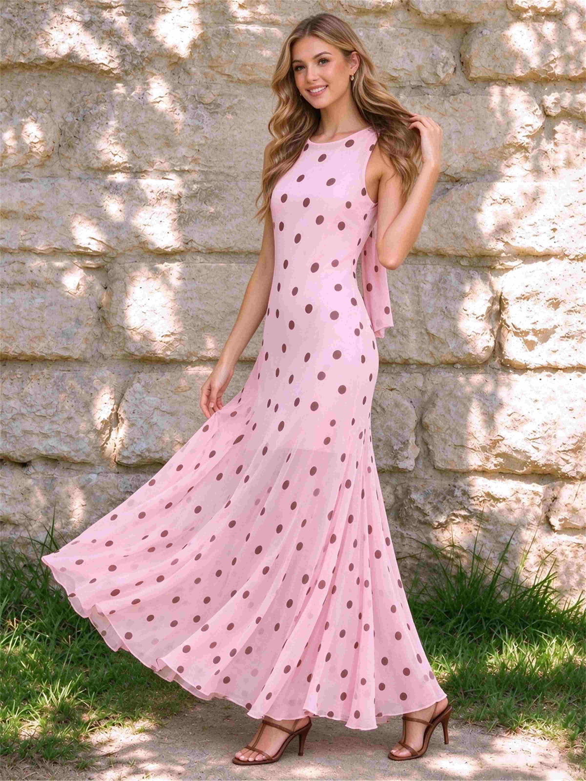 Pink Round Neck A-Line Ankle-Length Wedding Guest Dress with Polka Dots