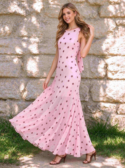 Pink Round Neck A-Line Ankle-Length Wedding Guest Dress with Polka Dots