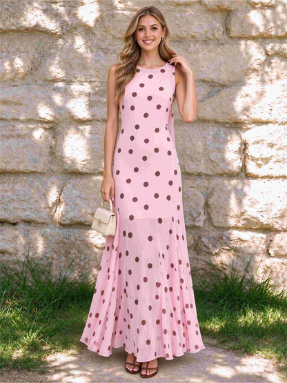Pink Round Neck A-Line Ankle-Length Wedding Guest Dress with Polka Dots