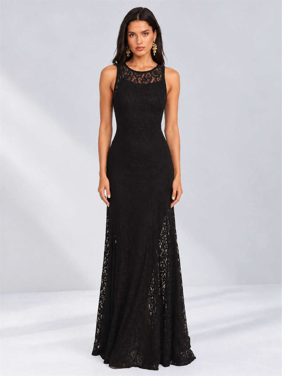 Black Round Neck Sleeveless Mermaid Lace Floor-Length Wedding Guest Dress