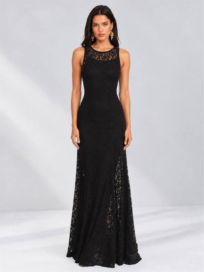 Black Round Neck Sleeveless Mermaid Lace Floor-Length Wedding Guest Dress