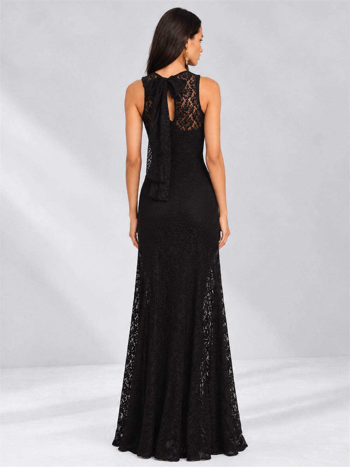 Black Round Neck Sleeveless Mermaid Lace Floor-Length Wedding Guest Dress