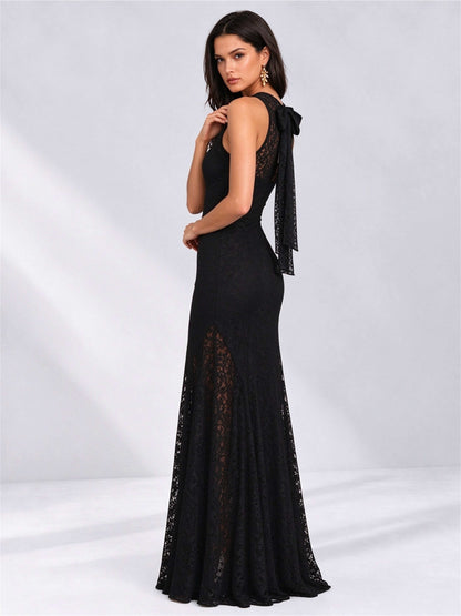 Black Round Neck Sleeveless Mermaid Lace Floor-Length Wedding Guest Dress