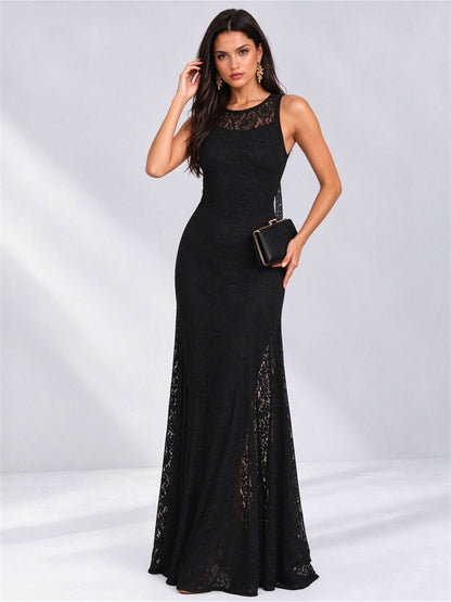 Black Round Neck Sleeveless Mermaid Lace Floor-Length Wedding Guest Dress