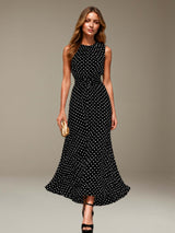 Free Shipping Round Neck Sleeveless Tea-Length Polka Dot Formal Dress