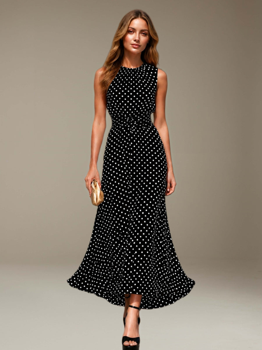 Black Free Shipping Round Neck Sleeveless Tea-Length Polka Dot Formal Dress