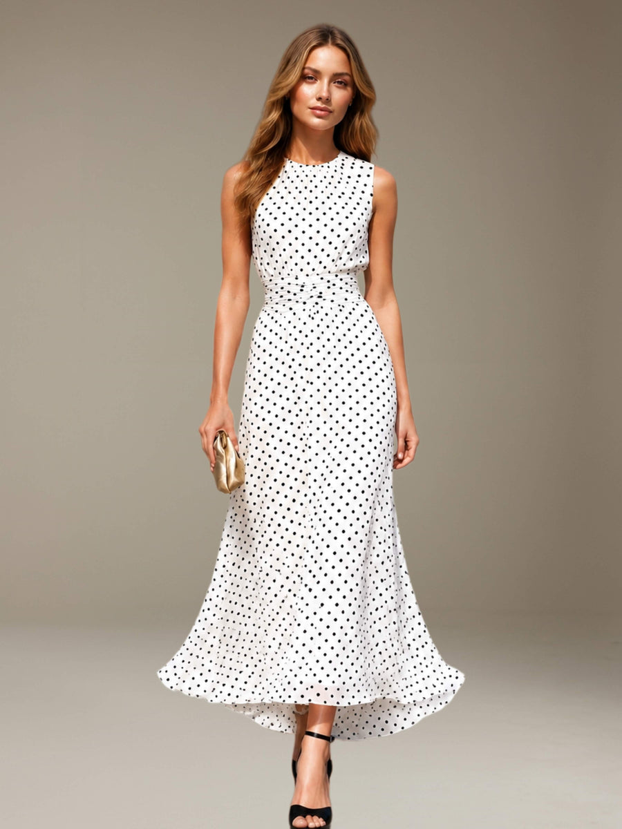 White Free Shipping Round Neck Sleeveless Tea-Length Polka Dot Formal Dress