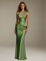 Free Shipping Ruched One Shoulder Stretch Satin Bridesmaid Dress with Cutout Detail