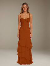 Free Shipping Ruffled Chiffon Bridesmaid Dress Spaghetti Straps Floor Length