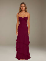 Free Shipping Ruffled Chiffon Bridesmaid Dress Spaghetti Straps Floor Length