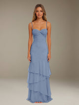 Free Shipping Ruffled Chiffon Bridesmaid Dress Spaghetti Straps Floor Length