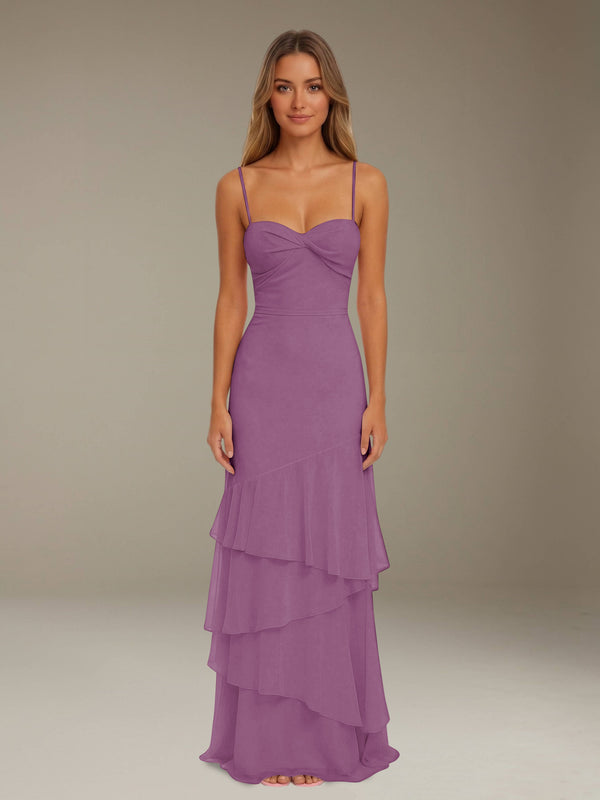 Dusty Purple Free Shipping Ruffled Chiffon Bridesmaid Dress Spaghetti Straps Floor Length
