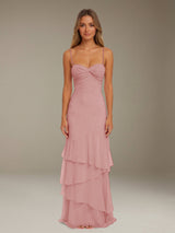 Free Shipping Ruffled Chiffon Bridesmaid Dress Spaghetti Straps Floor Length