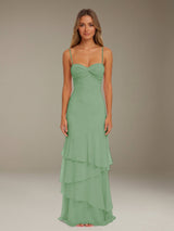 Free Shipping Ruffled Chiffon Bridesmaid Dress Spaghetti Straps Floor Length