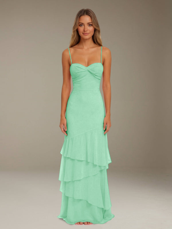 Mint Green Free Shipping Ruffled Chiffon Bridesmaid Dress Spaghetti Straps Floor Length