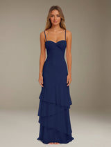 Free Shipping Ruffled Chiffon Bridesmaid Dress Spaghetti Straps Floor Length