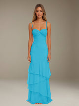 Free Shipping Ruffled Chiffon Bridesmaid Dress Spaghetti Straps Floor Length