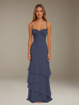 Free Shipping Ruffled Chiffon Bridesmaid Dress Spaghetti Straps Floor Length